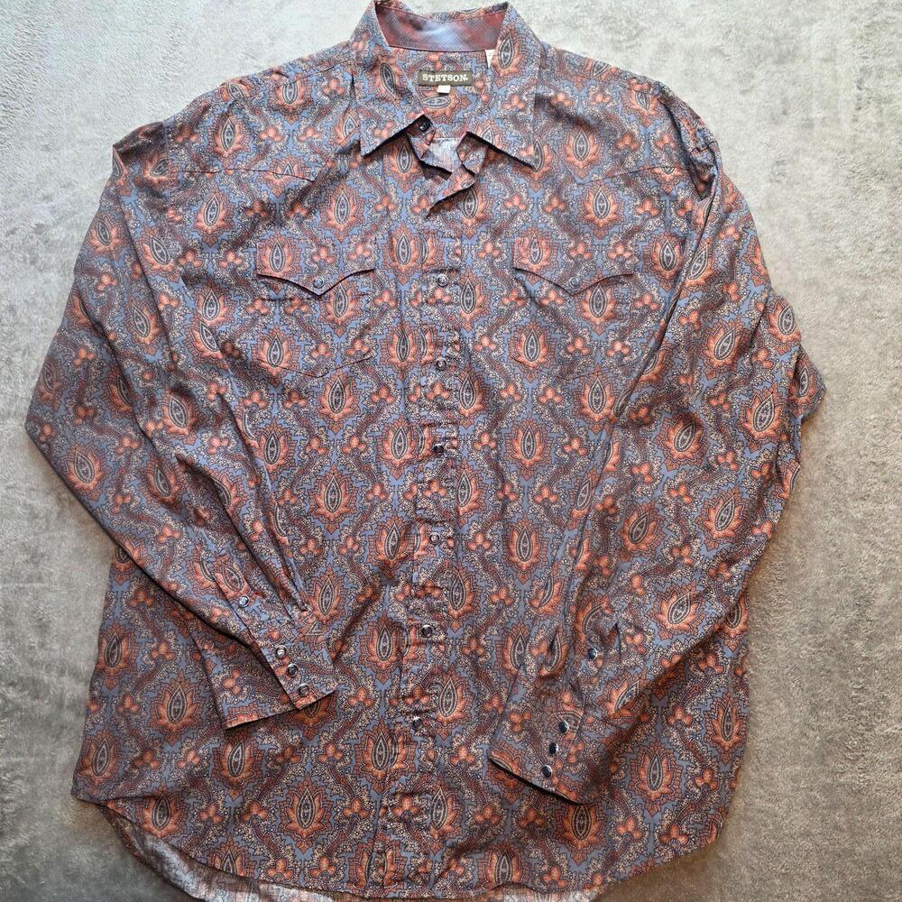 Stetson Button Up Shirt Mens 2XL Blue Paisley Long Sleeve Western Snap Pockets